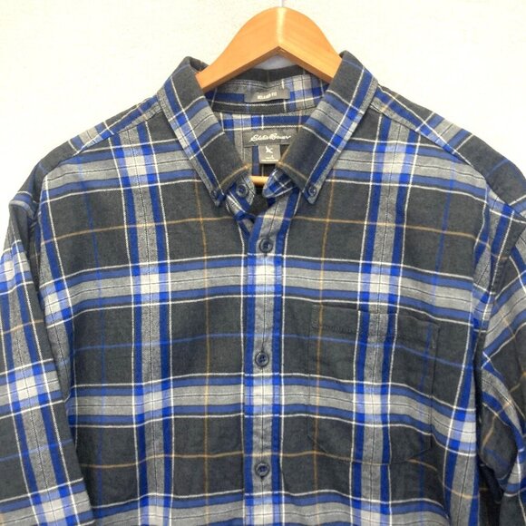 Eddie Bauer Relaxed Fit Flannel Shirt Mens Large Blue Gray Plaid Button Up Cabin - Picture 4 of 15